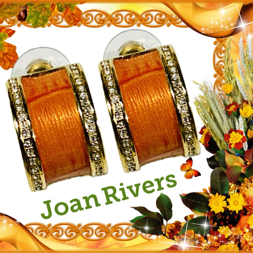 JOAN RIVERS Burnt Orange Enamel & Rhinestone-Studded Pierced Earrings